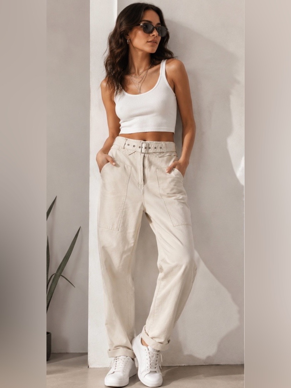 One Teaspoon Khaki Utility Flight Pants Cream Belted Cargo Size 26